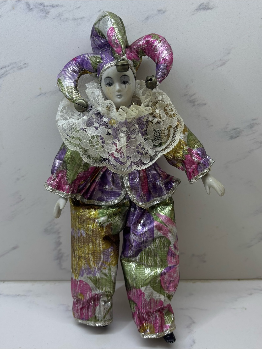 Vintage Porcelain Jester Doll Mardi Gras Harlequin Clown Pink Purple Metallic